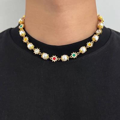Salircon Trendy Luxury Shinny Colorful Rhinestone Short Necklace Women Men Imitation Pearl Choker Chain Wed Bridal Jewelry Gifts