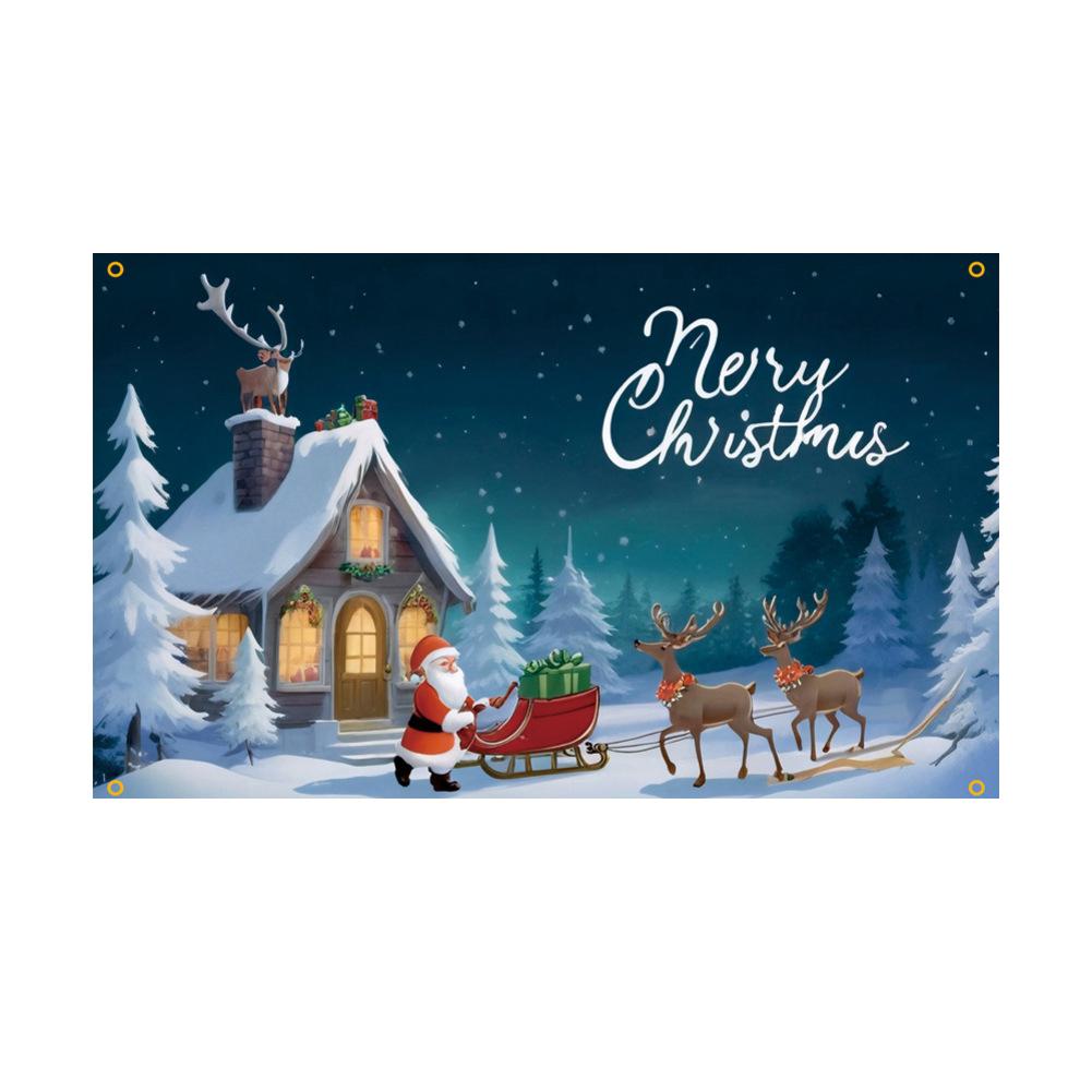 Large Outdoor Christmas Banner with Santa Claus and Snowman Design for Yard Decoration and Photo Background Polyester Material