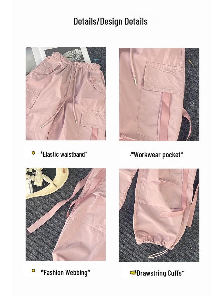 2025 Nowe Letnie Spodnie Cargo dla Dziewcząt z Akcentem Taśmowym - Luźny Krój, Modny Styl dla Dzieci Średnich i Dużych