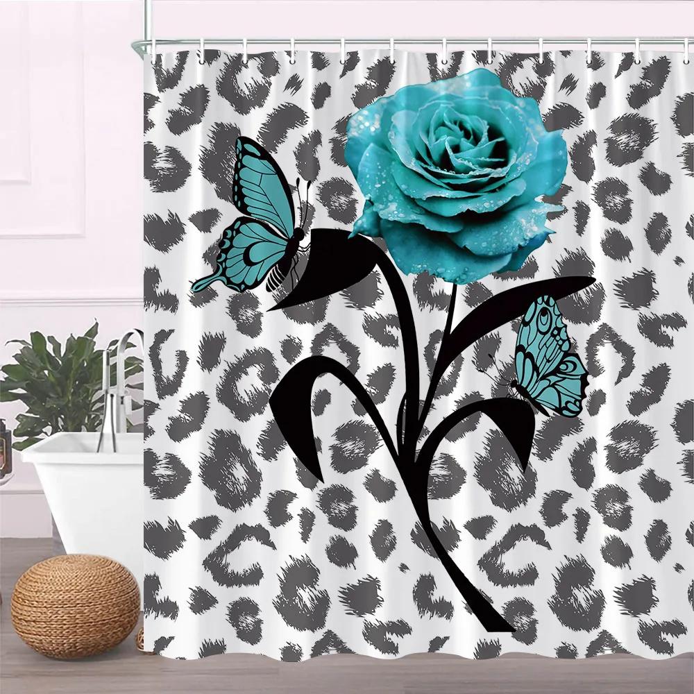 Modern Black Shower Curtain Set With Hooks-Black And White Shower Curtain For Bathroom Fabric Geometric Bath Curtains With Hooks