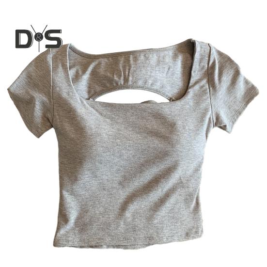 Damen T-Shirt mit quadratischem Kragen, kurzärmelig, mit Hohlkreuz, einfarbig, schmale Passform, kurze Oberteile für den Alltag