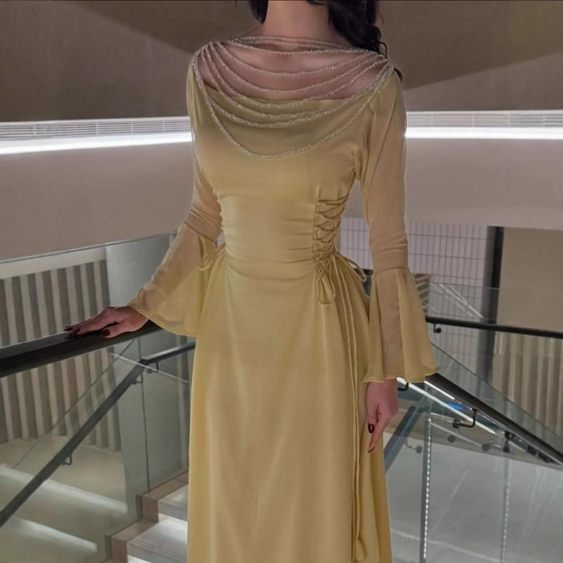 

2025 Spring Summer Cross-border European American Women s Clothing Independent Station Sexy Beaded Chain Lace Dress XL жовтий