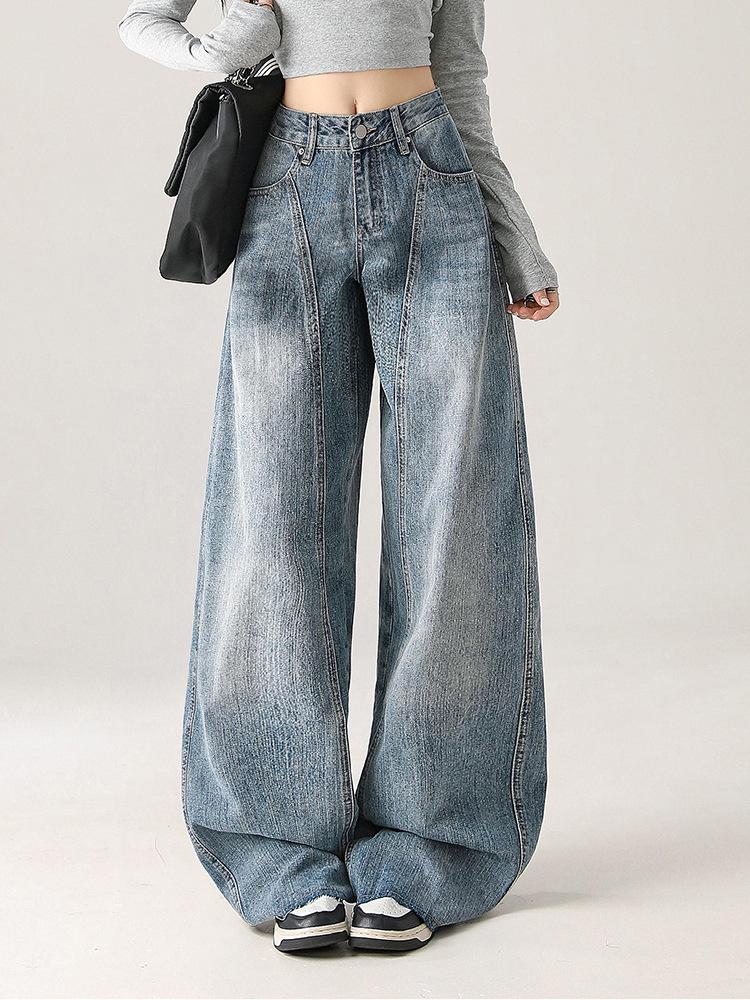 

Retro Wide-Leg Floor-Length Jeans for Women - Light Blue, Washed, Versatile, Ideal for Autumn Commutes XS