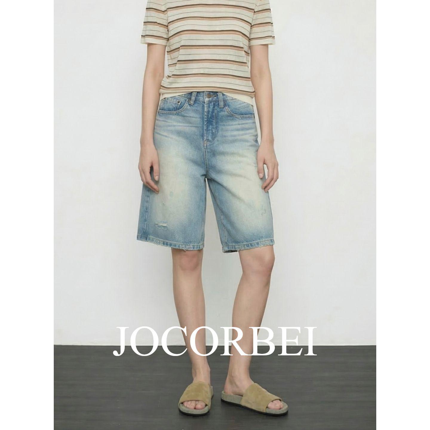 JOCORBEI Retro Ripped Cotton Distressed Straight Denim Shorts (Spring 2026) Size 30