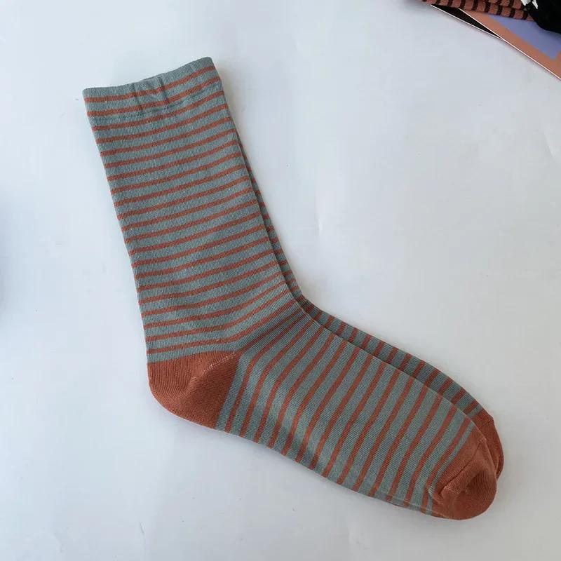 Retro Striped Women Socks Medium Tube Socks Spring and Autumn Cotton Women Long Socks Japanese Fashion College Style Women Sox