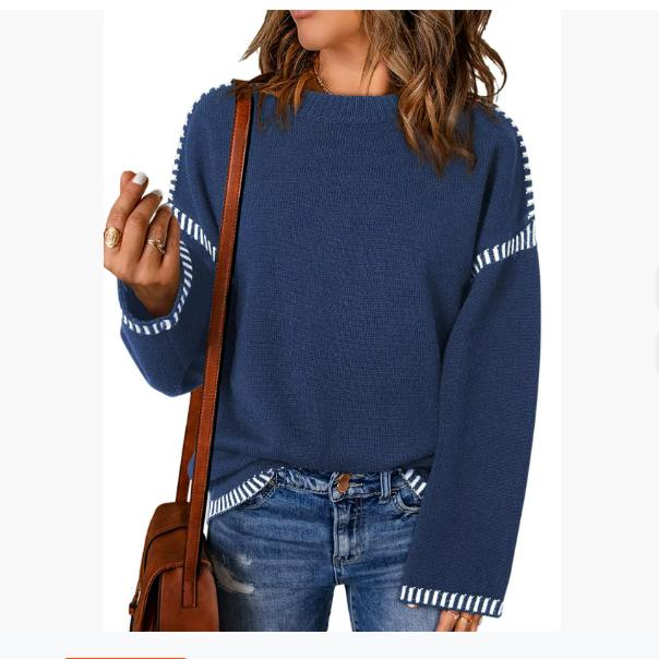 Autumn and Winter Women's Sweater Solid Color Round Neck Loose Long-sleeved Contrast Color Twisted Knitted Pullover Sweater Top