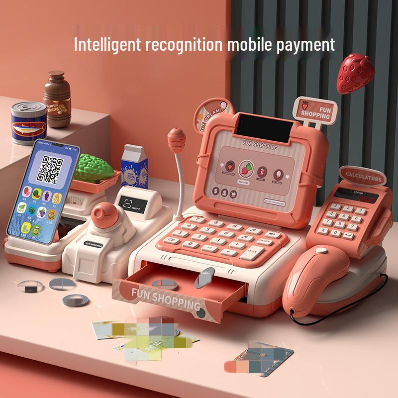 Children's Supermarket Cash Register Toy with Barcode Scanner and Money Collection