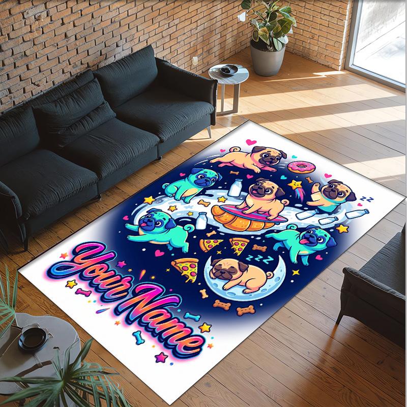 Pug Theme Crystal Velvet Floor Rug Personalized Custom Name Text Warm Carpet Home Decoration