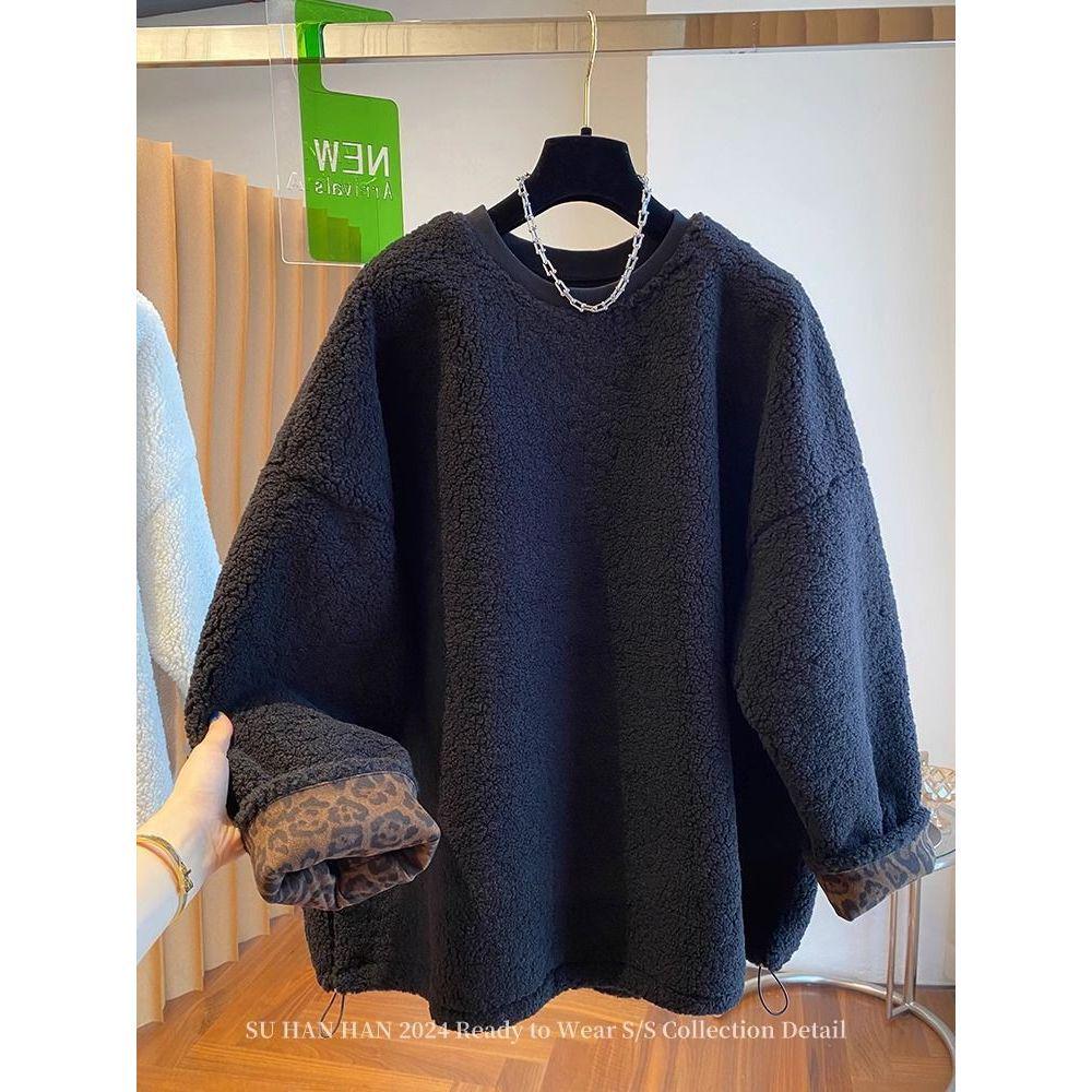 High-End Lazy Style Round Neck Sweatshirt - Imitation Lamb's Wool, Solid Color, Thickened for Autumn/Winter, 2025 Collection.