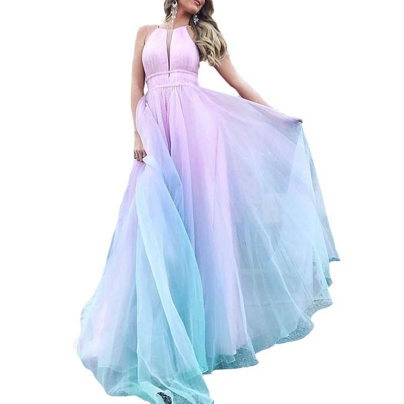 European and American Women's Gradient Deep V Evening Gown - Sexy  Long Dress with Waist-Gathering Swing Design.