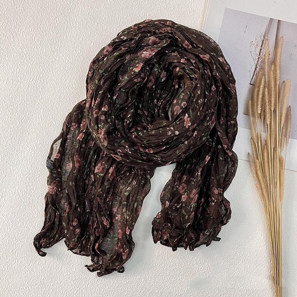New Retro Literary Imitation Cotton And Linen Pleated Thin Versatile Shawl Small Floral Scarf Yarn Japanese Fashion Trend