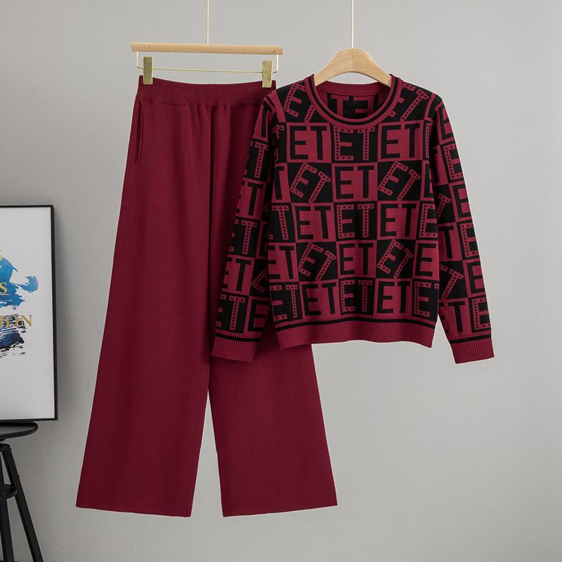 

Women s Autumn/Winter Fashion Set: Letter Sweater & Casual Two-Piece Outfit One Size вина червоного кольору