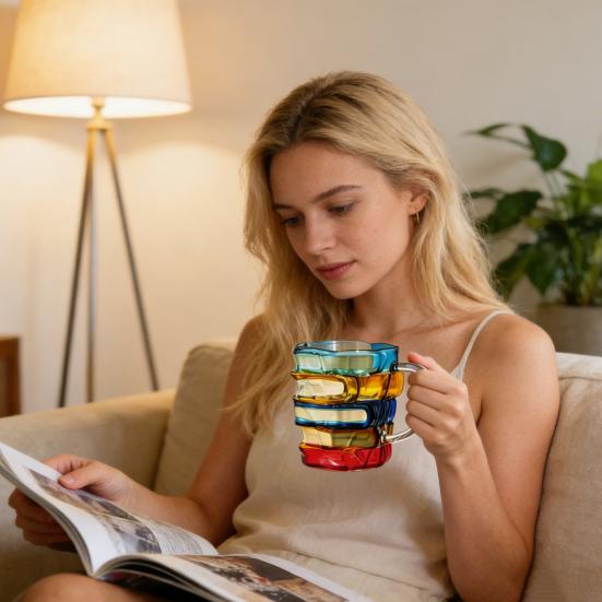 Hand-Painted Book Mug Glass Retro Art Glass Cup 350ml Elegant Desktop Glassware Unique Gift for Book Lovers Readers