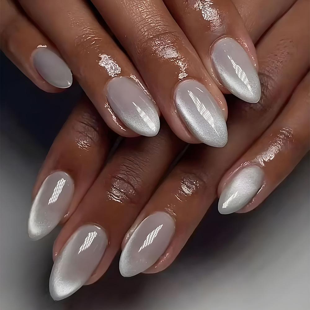 24Pcs Metallic Cat Eye French Sheer 3D Textured Almond Medium Nude Pink Press On Fake Nails