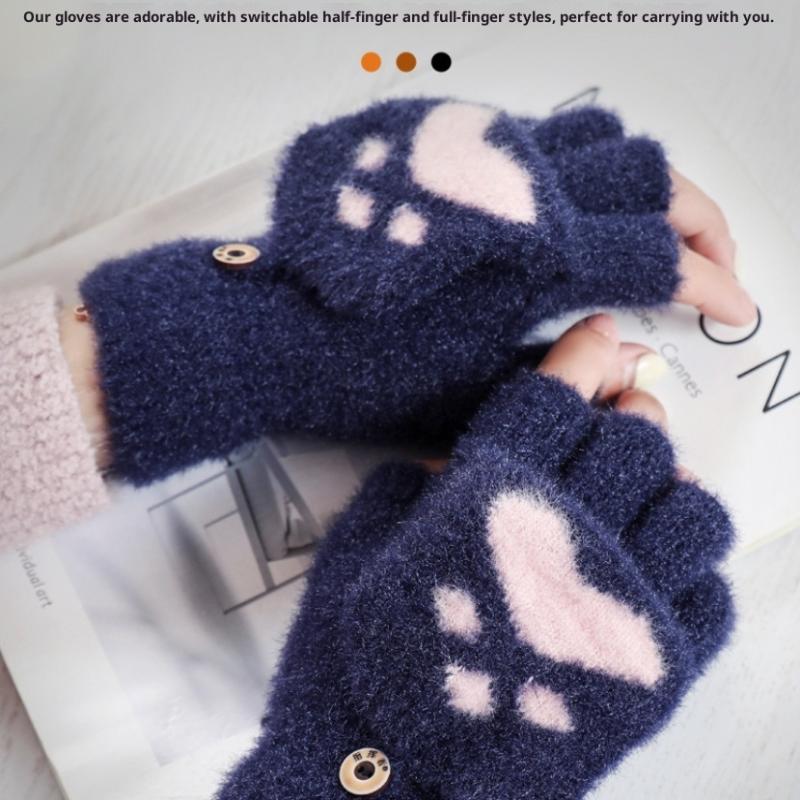 Thicken Women Warm Cat Gloves  Girls Cat Claw Paw Plush Mittens Soft Plush Short Fingerless Half Finger Winter Gloves