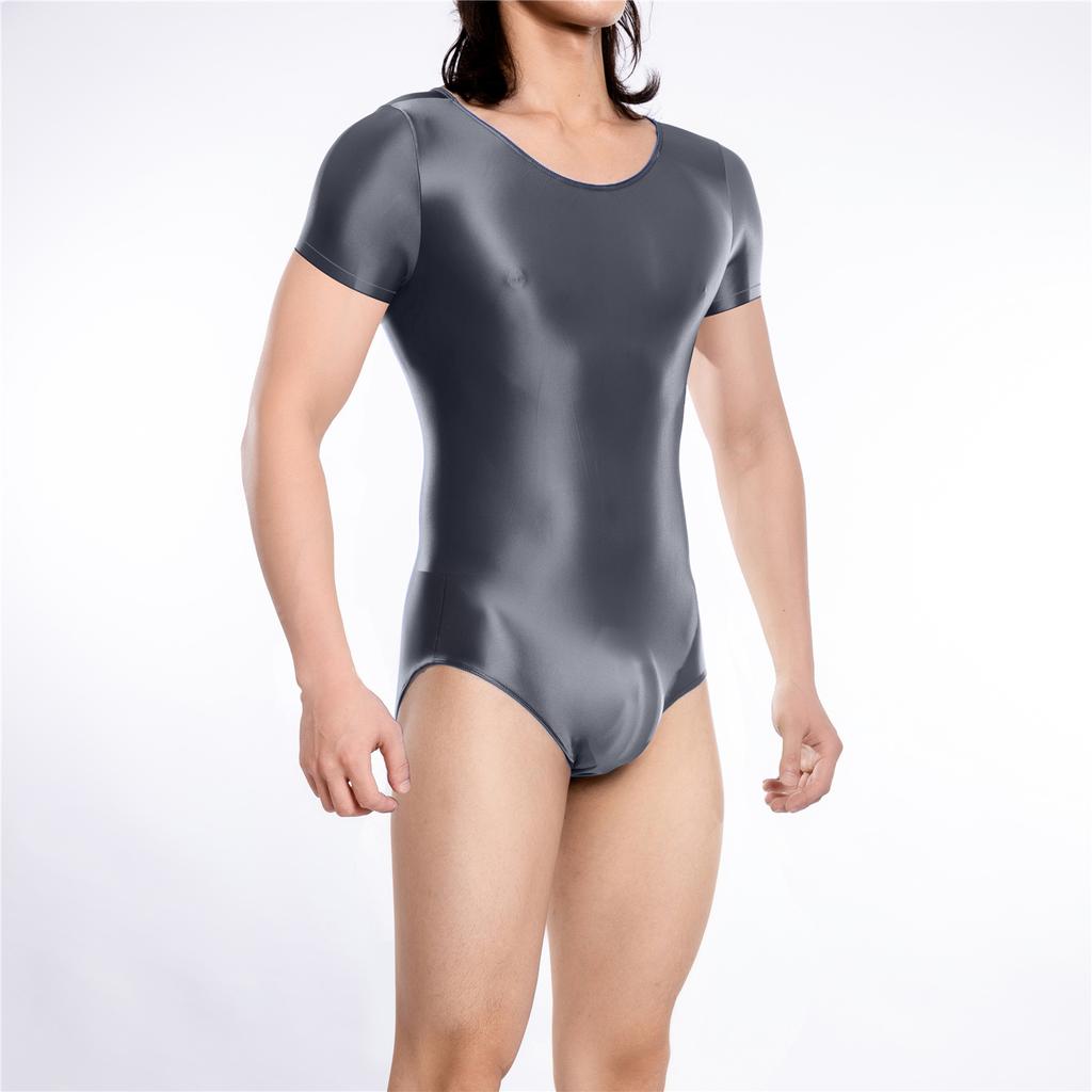 Sexy Men Sheer See Through High Cut Bodysuit Oil Glossy Shiny Maid Tights Stain Yoga Elastic Shaping Leotard Dance Wear