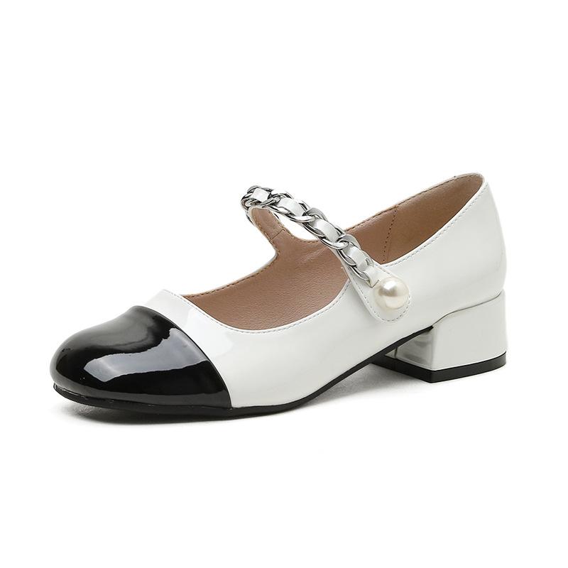 Shoes women's 2025 spring new pearl single shoes retro small fragrant Mary Jane shoes thick heel medium heel small leather shoes