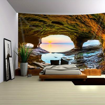 Sea Cave Sunset Tapestry, Ocean View From Rocky Arch At Dusk, Scenic Wall Hanging For Bedroom Living Room Deco