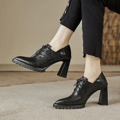 Square with Thick Soles Lace-up Pointed Fashion All Comfortable Non-slip Breathable Wear-resistant Fashion Women's Single Shoes