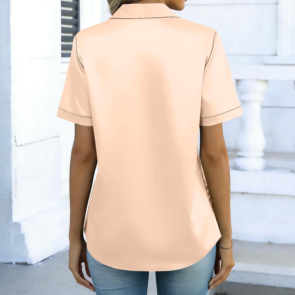 Women Short Sleeve Satin Button Down Shirt Casual Notched Collar Loose Fit Blouse Top