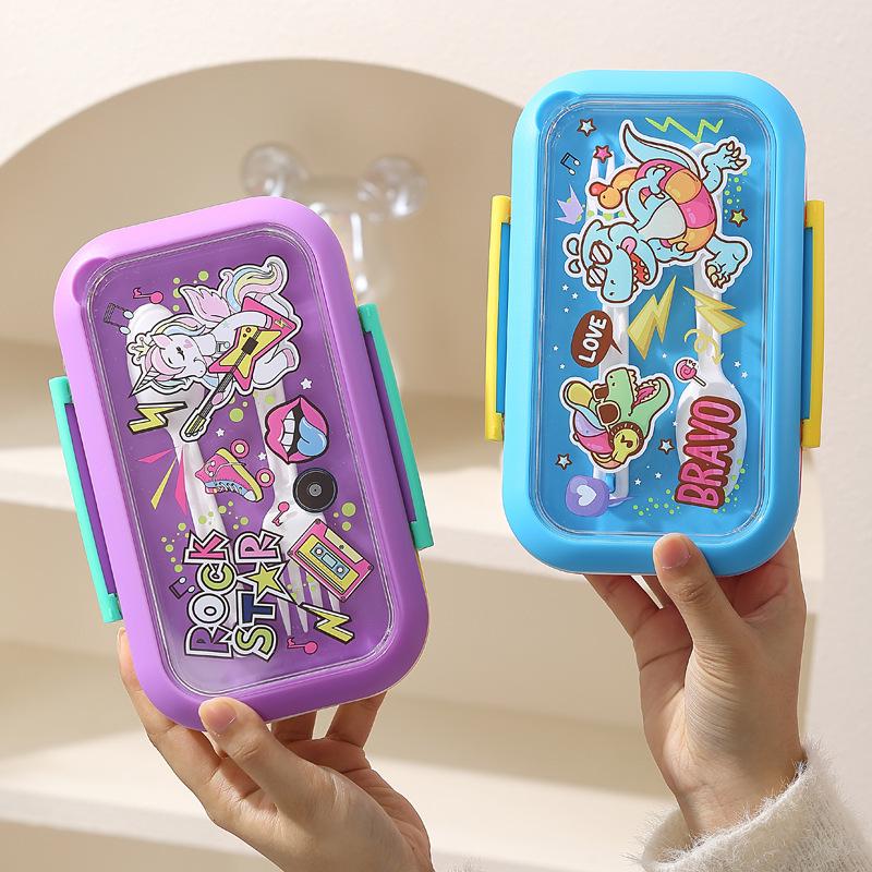Isolierte Kinder-Lunchbox mit Cartoon-Trennern, Löffel und auslaufsicherem Schnappverschluss - Doppelkammer 304 Edelstahl.
