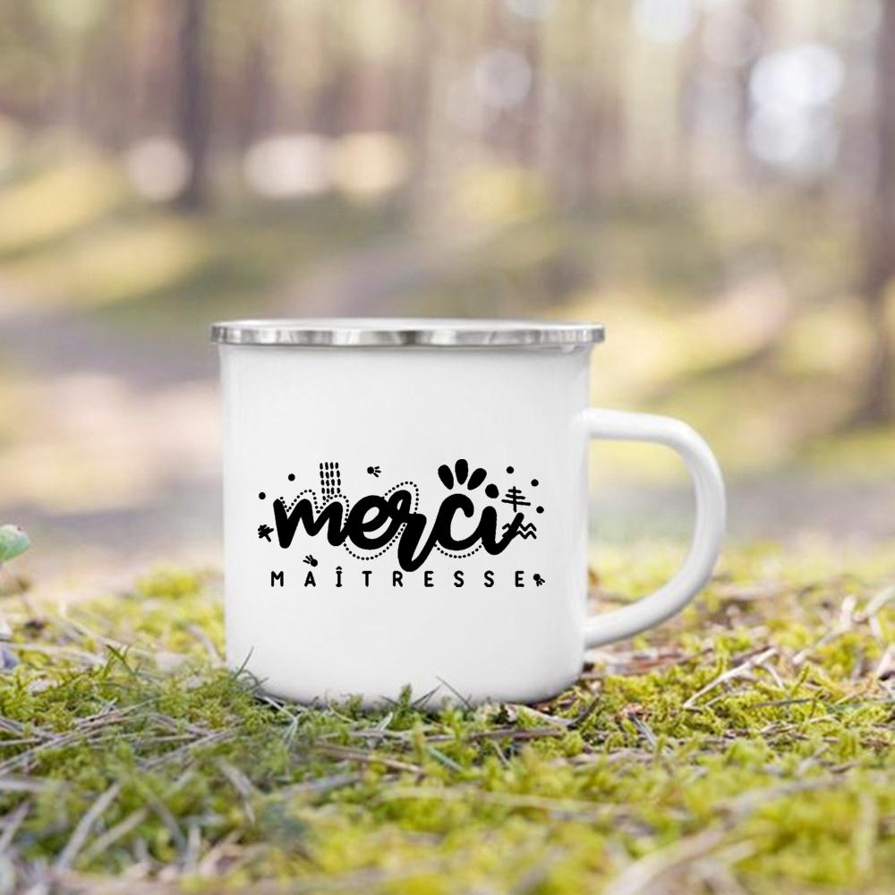Merci Maitresse French Printed Mug Creative Coffee Cup Drinks Enamel Cup Handle Drinkware Teacher's Day Thanks Gift for Teacher