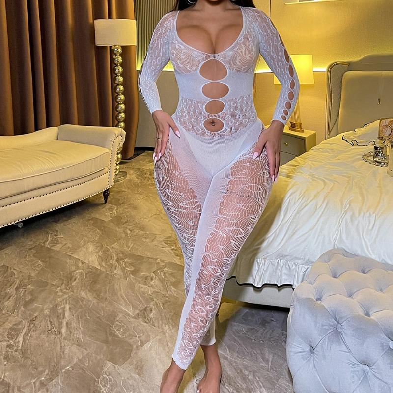Sexy lingerie sexy hollow red mesh onesie pajamas long sleeves backless tights