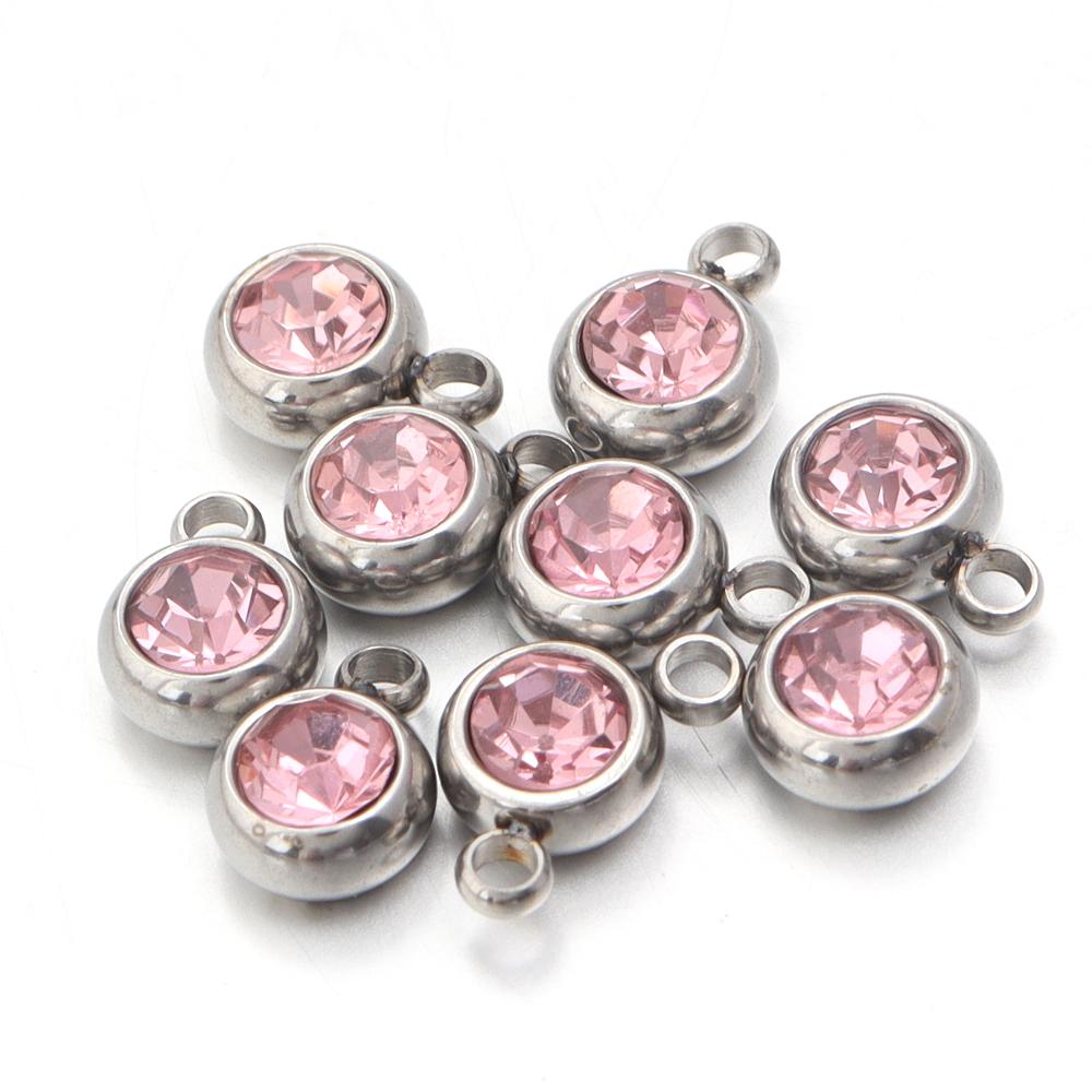 10Pcs Mini Birthstone Charms Stainless Steel Round Rhinestone Crystal Pendant for Jewelry Making DIY Necklace Bracelet Findings
