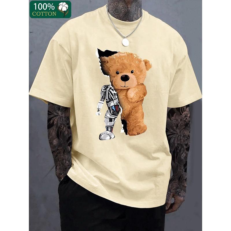 Men's 100% Pure Cotton Summer Loose Oversized Casual Mechanical Bear Pattern Printed Sports Round Neck Short Sleeved T-shirt Top