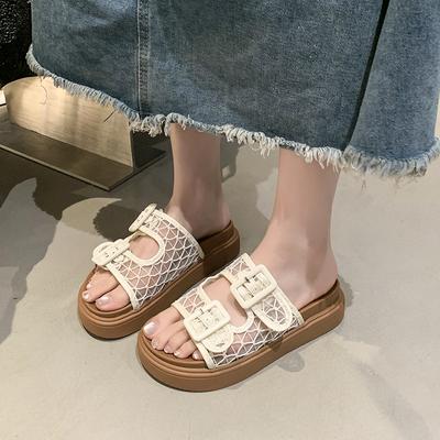 Mori Retro Double-buckle One-word with Thick-soled Slippers for Women's Outer Wear New Year's New One-pedal Boken Cool Slippers