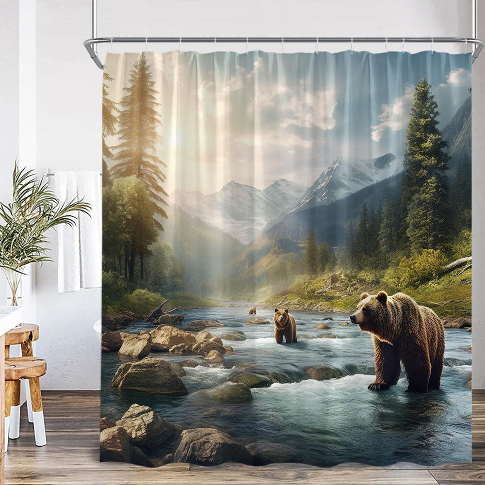 

Brown Bear Animal Print Shower Curtain Forest Scenery Snow Mountain Stream Natural Landscape Polyester Bath Curtain With Hook W60H190(CM)-1 Pcs