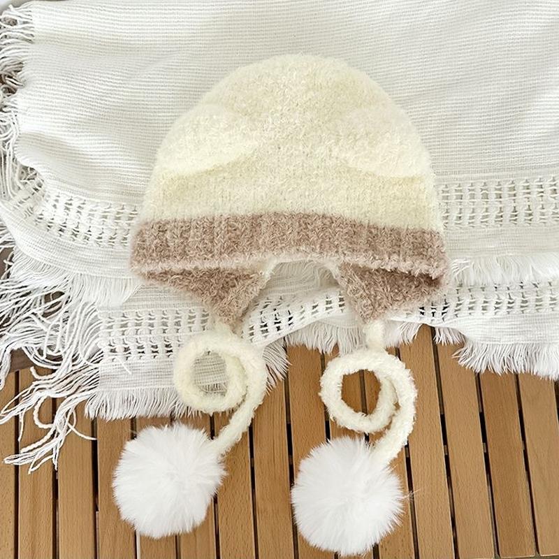 Autumn And Winter  Color Matching Bear Ear Strap Lei Feng Hat For Women Korean Cute Warm Ear Protection Knitted Wool Hat