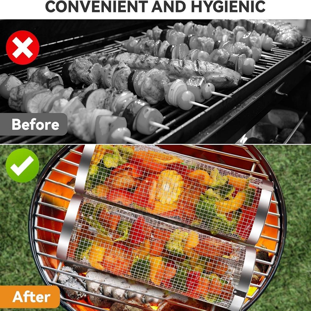 Grillkorb, Spülmaschinenfest, Rollende Grillkörbe für das Grillen im Freien, Edelstahl-BBQ-Grillkorb für Gemüse, Grill