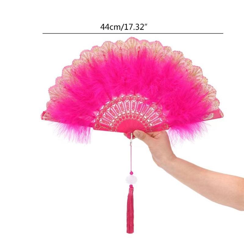 Embroidered Flower Feather Fan Vintage Hand Fan for Costume Dancing Handheld Folding Fan Performances Wedding Party