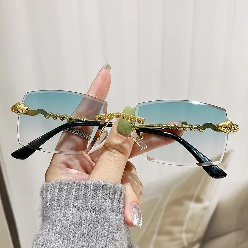 New Rectangle Rimless Sunglasses Women Retro Snake Decoration Clear Ocean Lens Eyewear Men Sun Glasses UV400 Shades