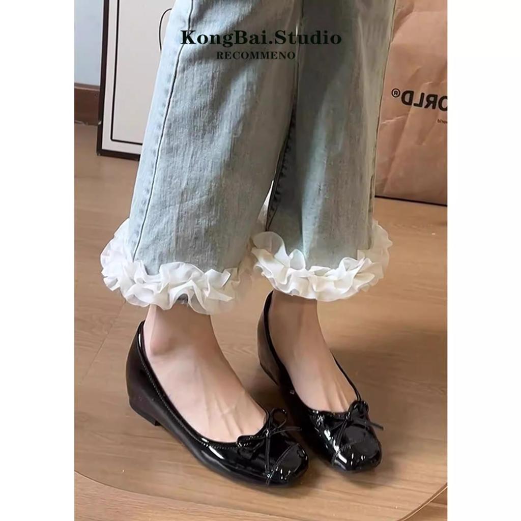 Nude Single Shoes Women's 2025 New Inner Height Increase Flat Bottom Ladyshoes French Temperament Ballet Shoes Light Mouth Soft Sole Beanie Shoes