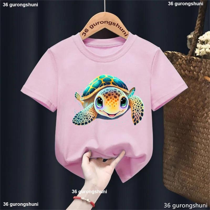 

Cool Sea Turtle Printed T Shirt For Girls/Boys Harajuku Summer Kids Clothes Pink/Yellow/Gray/Blue/Black/White T-Shirt Tops 110