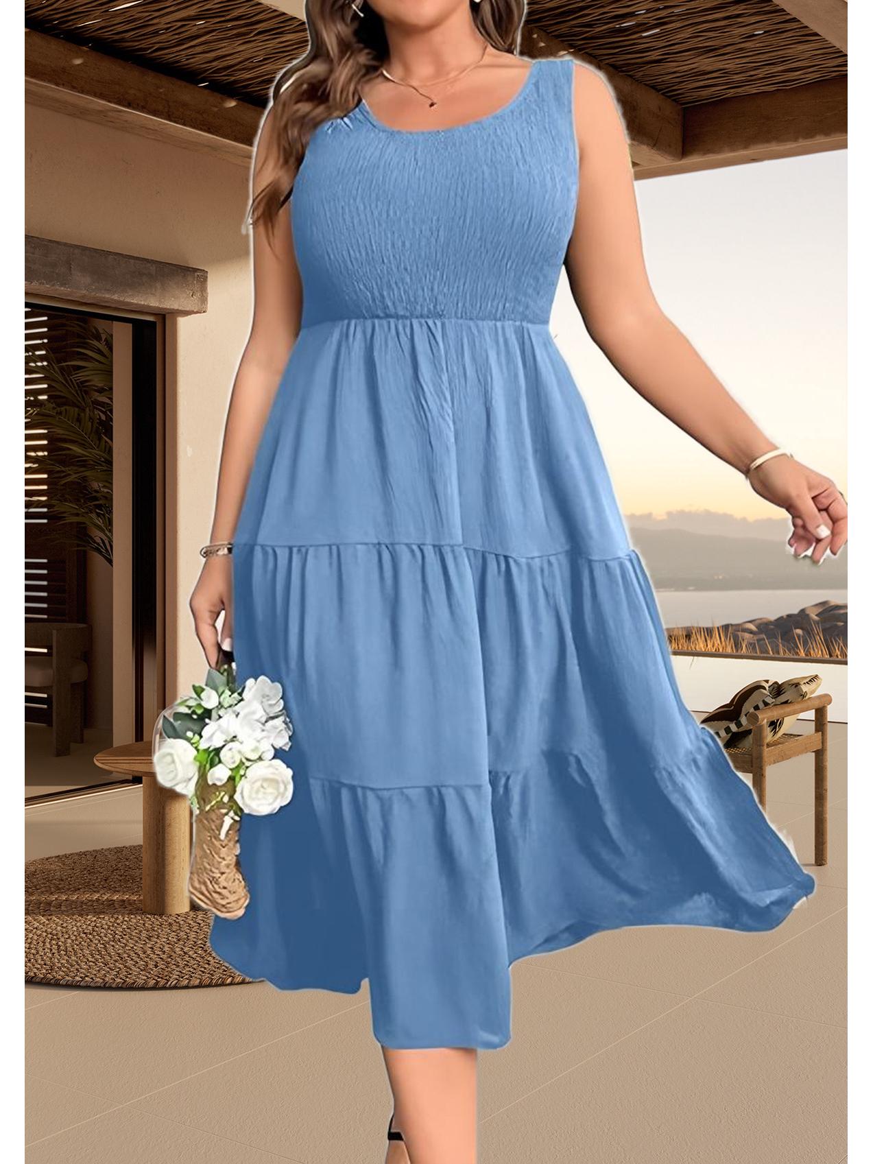 2026 Summer European & American Women s Pleated Hem Patchwork Dress 2XL небесно-голубой