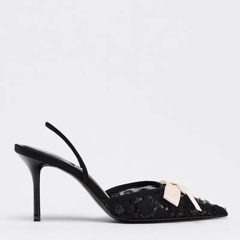Fashion Bling Mesh Butterfly-knot Pumps Women Sexy Black Pointed Toe Thin Heel Dress Sandals Luxury Brand Designer Wedding Bridal Shoes
