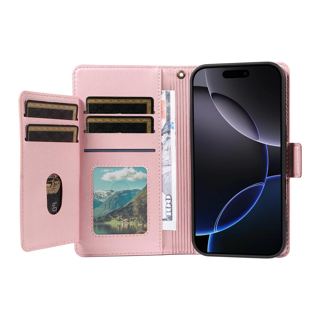 For iPhone 16 Pro Case with Multi-Card Holder and Strap PU Leather Phone Cover Stand