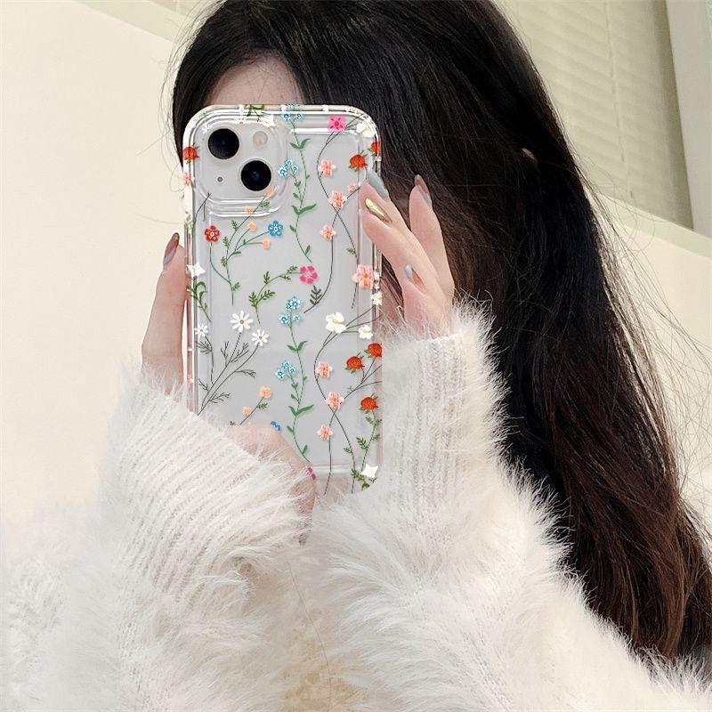 Full Screen Flower iPhone15promax Mobile Phone Case Apple 14 Transparent 13/12 Fine Hole Anti-drop 11