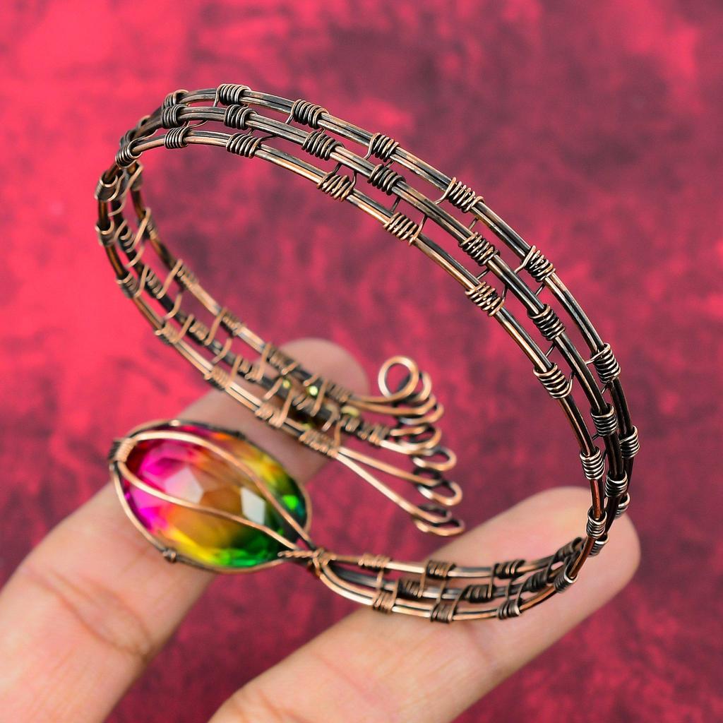 Faceted Multi Tourmaline Bangle Copper Wire Wrapped Handmade Bangle Gemstone Cuff Bracelet Adjustable Bangle Copper Jewelry Gifts For Mother