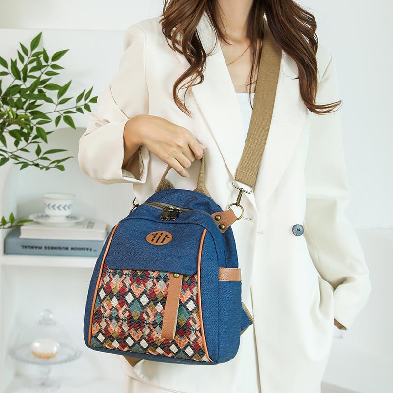 Vintage Color Block Backpack Ethnic Embroidery Shoulder Bag Large Capacity Backpack