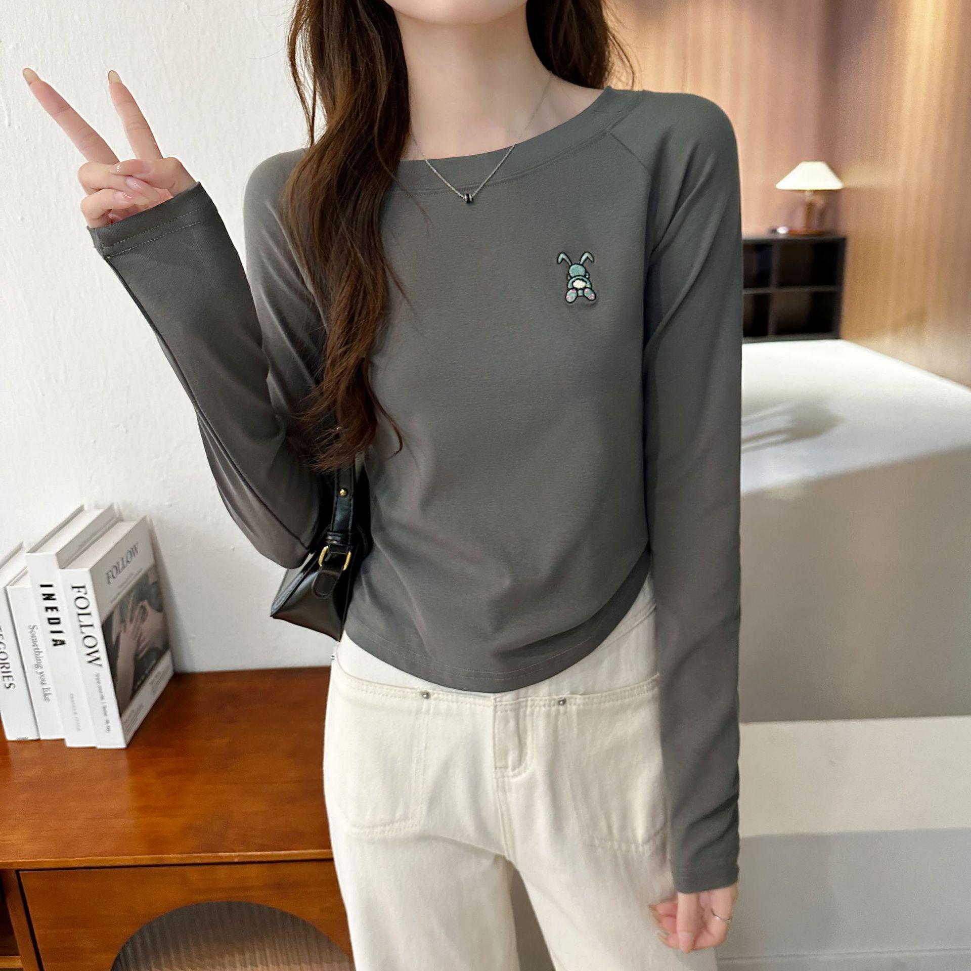 

Женский топ из хлопка с длинными рукавами и круглым вырезом, осень 2024 года, вышитый XL темно-серого