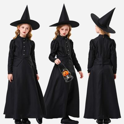 Halloween, Enfants Adultes Parent-Enfant Costume Robe Longue Noire Sorcière Magicien d'Oz Costume de Scène