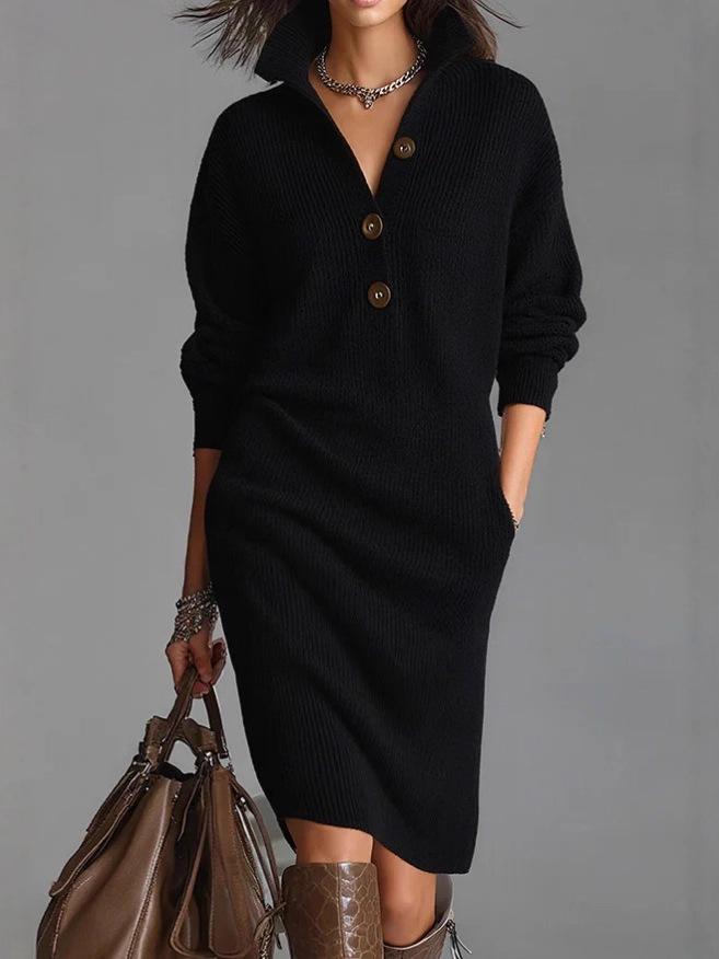 2025 Europäisches & Amerikanisches Lässiges Herbst-Strick-Midikleid mit Knopfleiste und Kragen