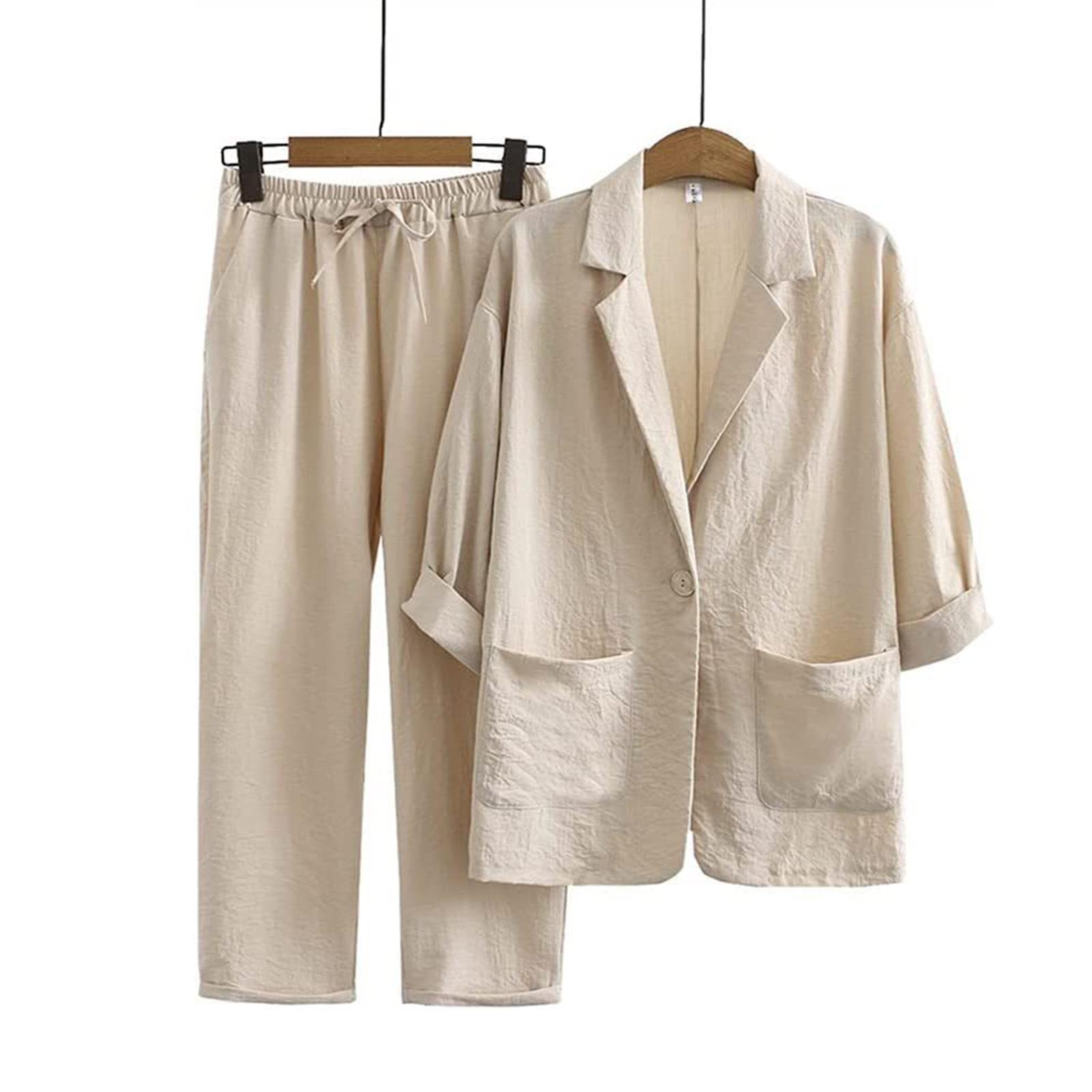 

Женский костюм, пальто из хлопка и льна, брюки, свободные карманы, модный повседневный комплект из двух предметов XL бежевый