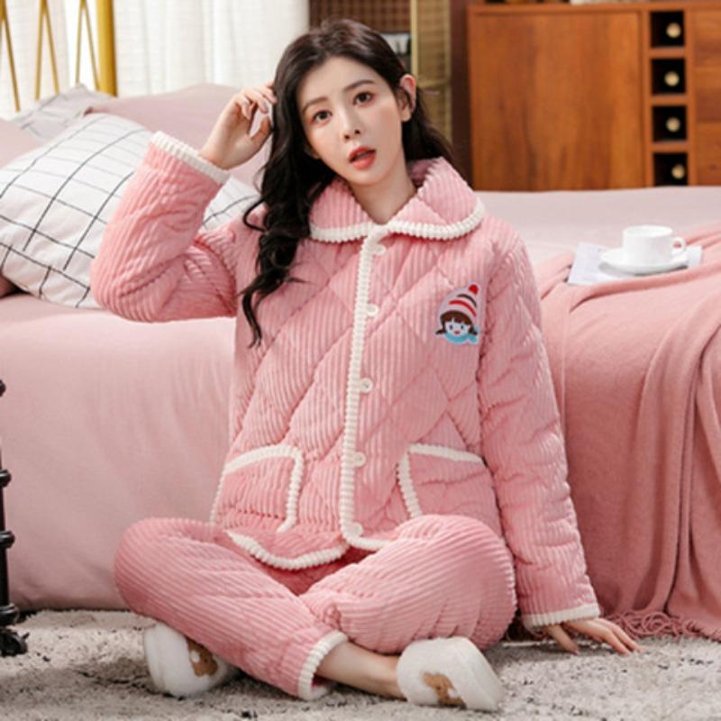 Coral fleece women's pajamas three-layer padded cotton thickened pregnancy postpartum breastfeeding set thermal loungewear