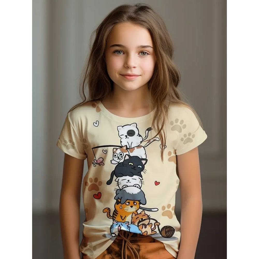 Colorful Cat Girl's T-Shirt Cute Patterns Summer Short Sleeves 3D Print Girl's Top Fashion Casual Streetwear Children's Clothing