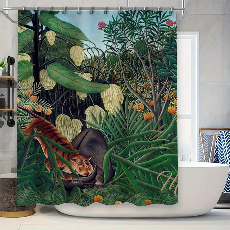 

Exotic Jungle Shower Curtain Tropic Floral Design With Tiger Print For Home Bathroom Decorations W60H190(CM)-1 Pcs